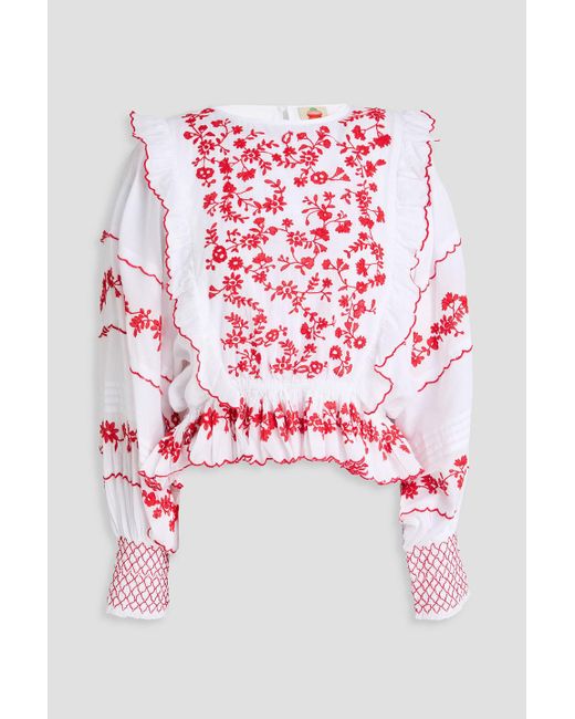 Farm Rio Ruffled Embroidered Cotton-Voile Blouse