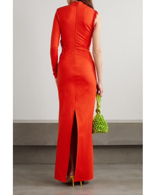 Staud Red Kristen maxikleid aus crêpe mit cut-out, fransen und zierperlen