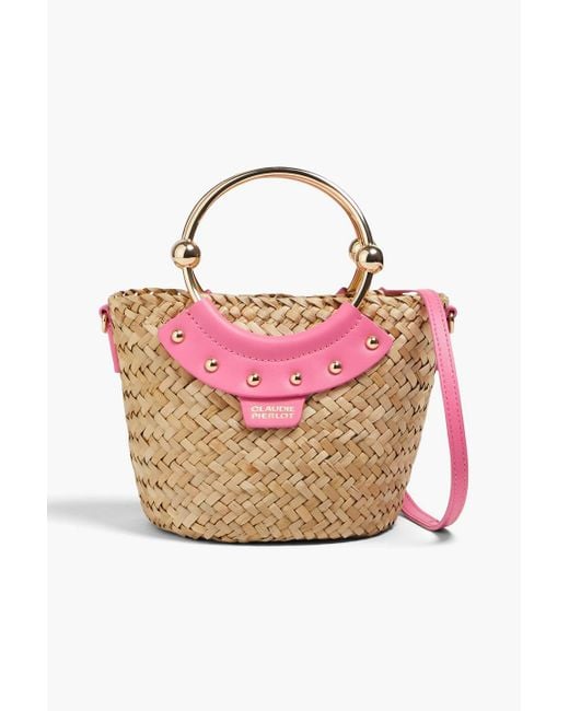 Claudie Pierlot Pink Abeille Studded Leather And Straw Bucket Bag