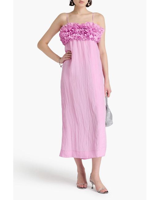 Ganni Pink Ruffled Crinkled-Taffeta Midi Dress