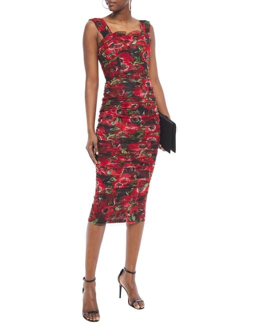 Dolce & Gabbana Red Ruched Floral-print Cotton-mesh Midi Dress