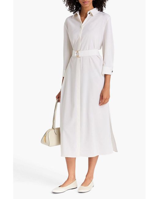 Max Mara White Corrida Belted Wool-Crepe Midi Shirt Dress
