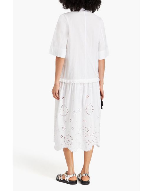 Ganni White Broderie Anglaise-paneled Cotton-poplin Midi Shirt Dress