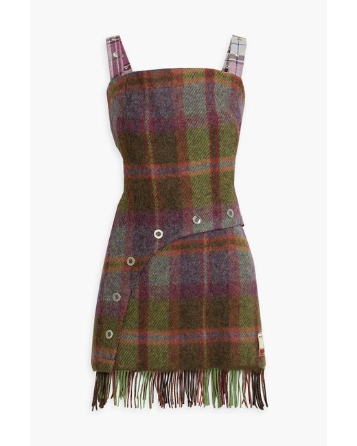 Rave Review Brown Yaam Cutout Fringed Checked Wool-tweed Mini Dress