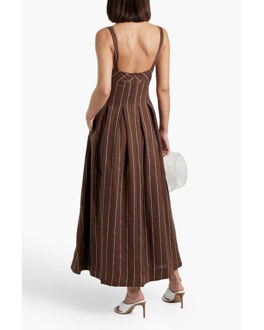 Nicholas Brown Selene Pleated Striped Linen-blend Maxi Dress