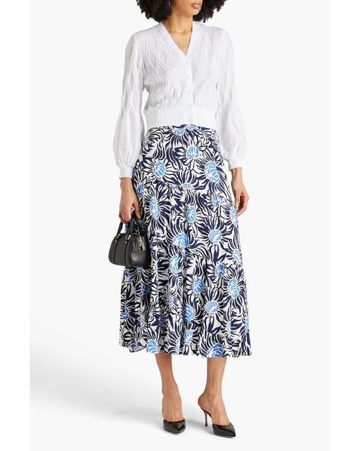 Diane von Furstenberg Blue Venice Tiered Floral-print Canvas Midi Skirt