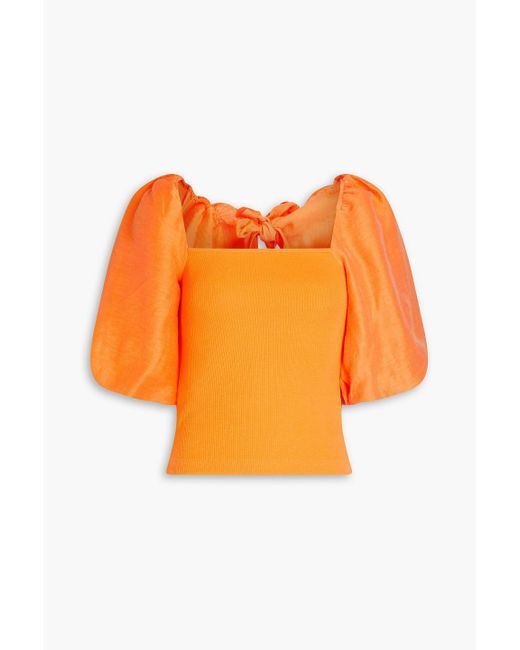 Sandro Orange Slub Woven Paneled Ribbed-knit Top
