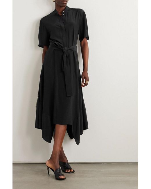 Stella McCartney Black Belted Asymmetric Silk Crepe De Chine Midi Dress