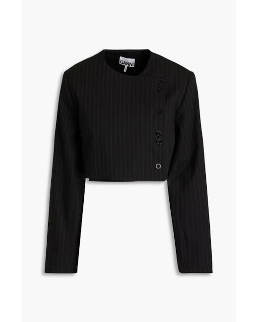 Ganni Black Cropped Double-breasted Pinstriped Twill Jacket