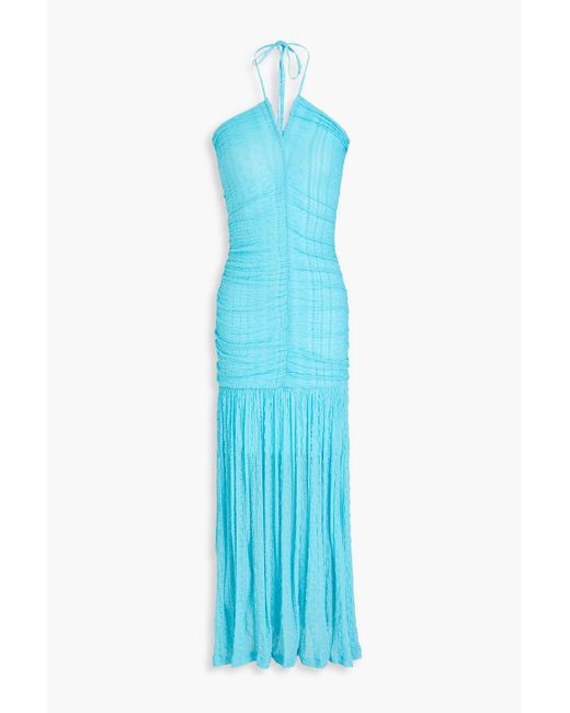 Ganni Blue Ruched Textured-knit Halterneck Maxi Dress