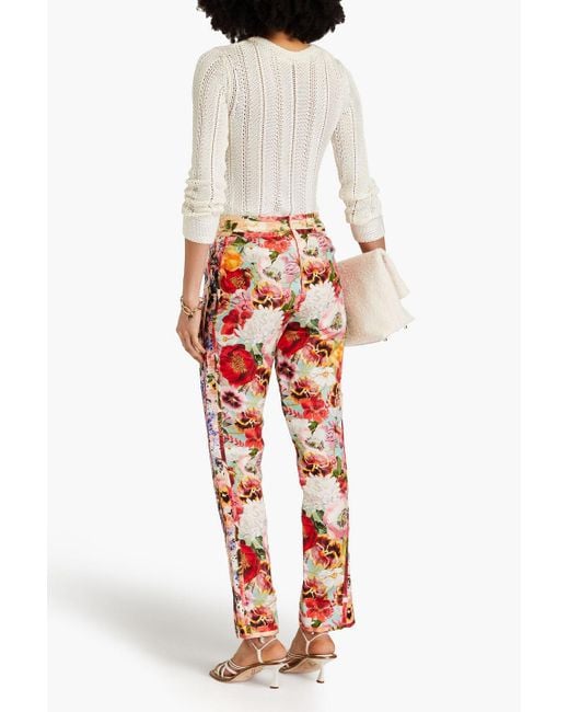 Zimmermann Red Floral-print Linen And Silk-blend Straight-leg Pants