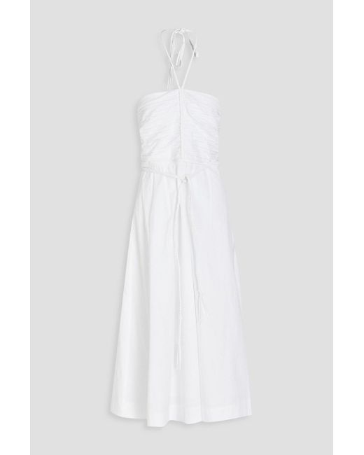 Veronica Beard White Tucker Ruched Stretch-cotton Poplin Halterneck Midi Dress