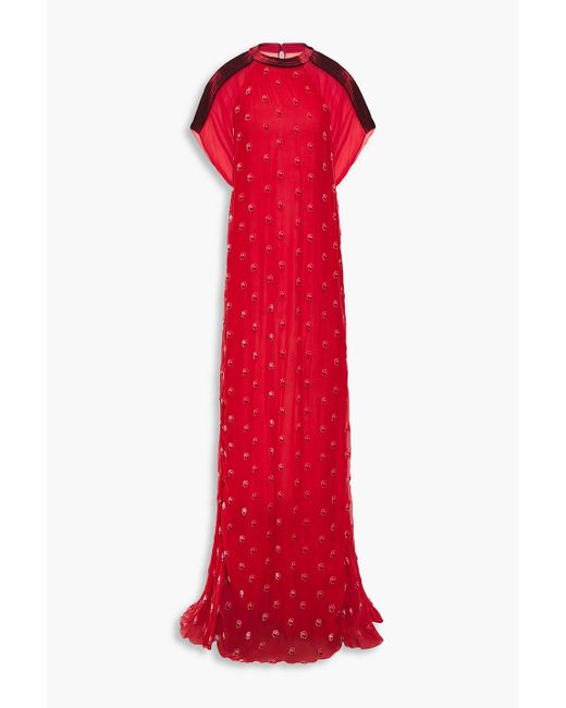 Valentino Garavani Red Flocked Silk-blend Chiffon Gown