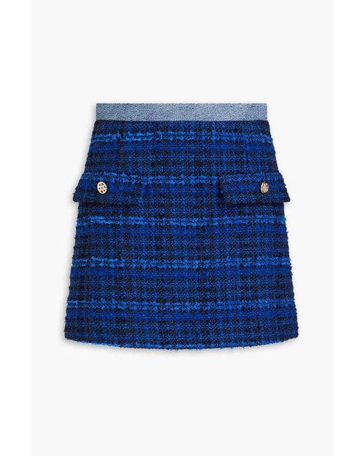 Sandro Blue Catane Denim-trimmed Bouclé-tweed Mini Skirt