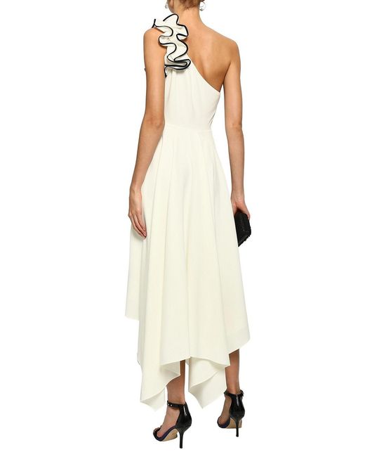 Halston Heritage White One-Shoulder Ruffled Stretch-Crepe Midi Dress