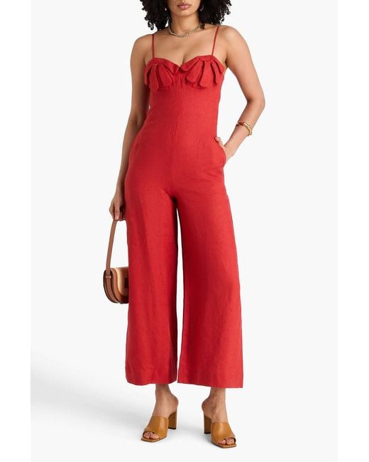 Farm Rio Red Floral-appliquéd Linen Wide-leg Jumpsuit