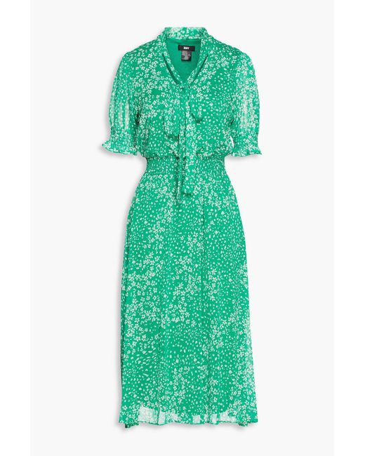 DKNY Green Pussy-bow Floral-print Georgette Midi Dress