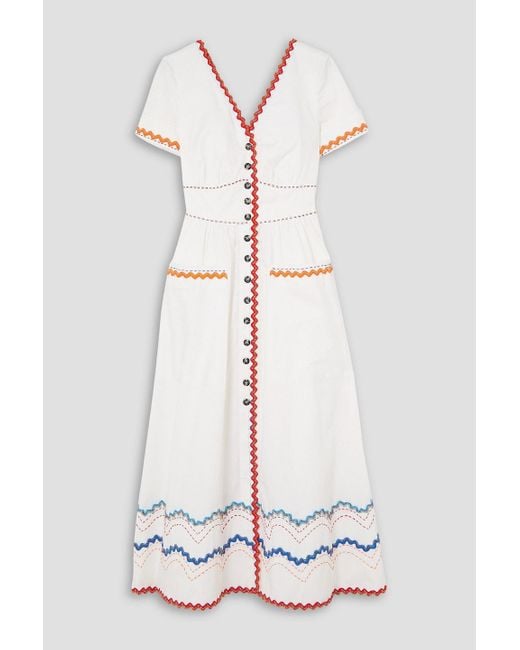 Saloni White Luella Rick Rack-trimmed Embroidered Cotton-blend Poplin Midi Dress