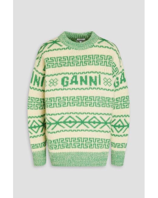 Ganni Green Jacquard-knit Wool Sweater