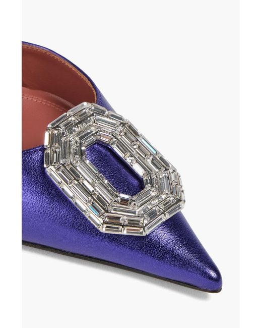 AMINA MUADDI Blue Camelia Embellished Metallic Leather Slingback Pumps