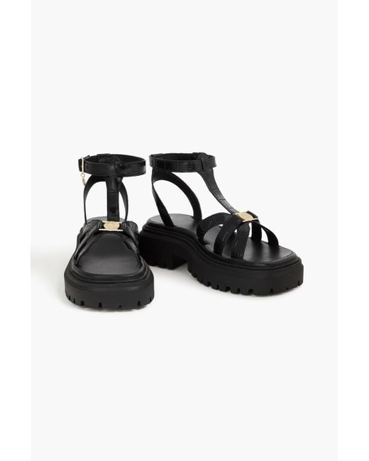 Maje Black Embellished Croc-Effect Leather Sandals