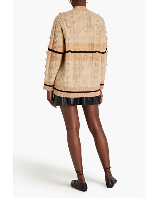 Sandro Natural Pompom-trimmed Cable-knit Wool Cardigan