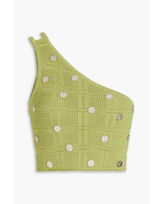 Sandro Green Maxou One-shoulder Cropped Embellished Crochet Top