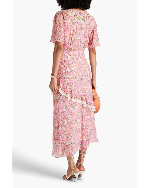 Saloni Pink Ruffled Floral-print Silk-chiffon Maxi Dress
