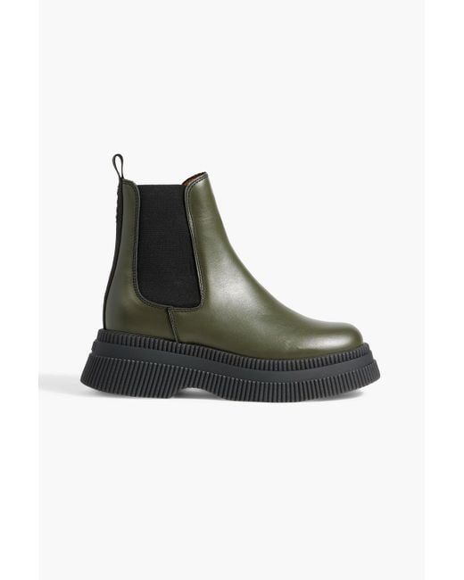 Ganni Green Leather Platform Chelsea Boots