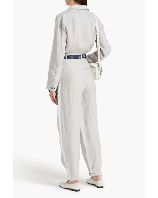 Emporio Armani White Tie-detailed Linen Tapered Pants
