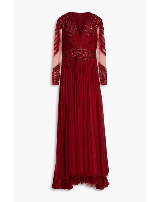 Zuhair Murad Red Embellished Silk-blend Tulle And Chiffon Gown