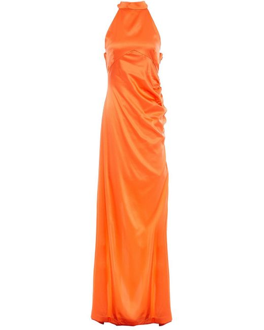retroféte Orange Sandy Ruched Stretch-silk Satin Maxi Dress