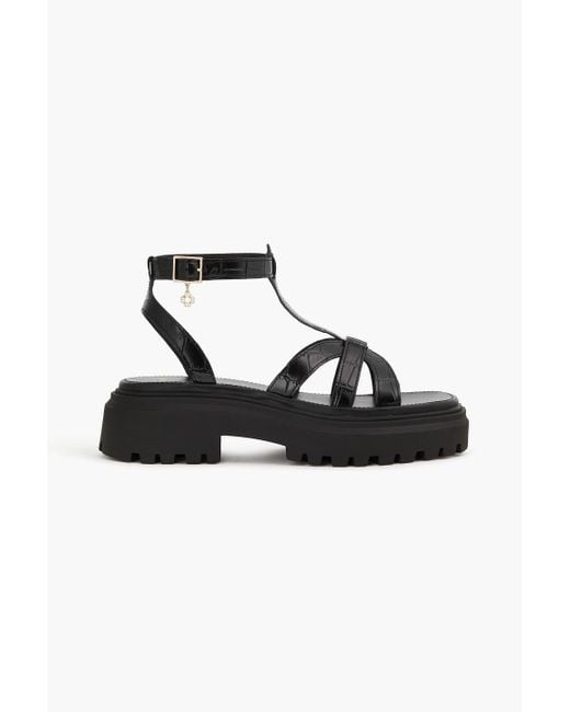 Maje Black Embellished Croc-Effect Leather Sandals