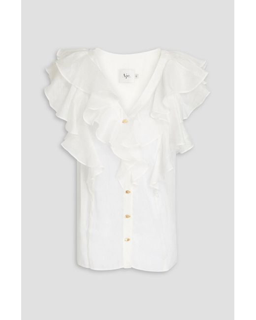 Aje. White Michelle Ruffled Linen And Silk-blend Top