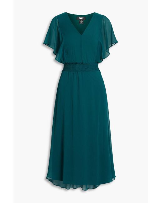 DKNY Green Ruffled Shirred Georgette Midi Dress