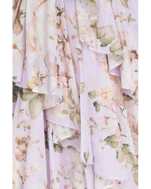 Zimmermann White Asymmetric Belted Floral-Print Cotton Midi Dress