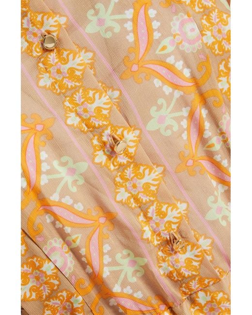 Sandro Orange Gathered Printed Linen-blend Gauze Mini Dress