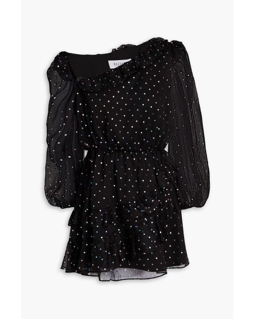 Elliatt Black Antonella Asymmetric Metallic Polka-dot Crepon Mini Dress