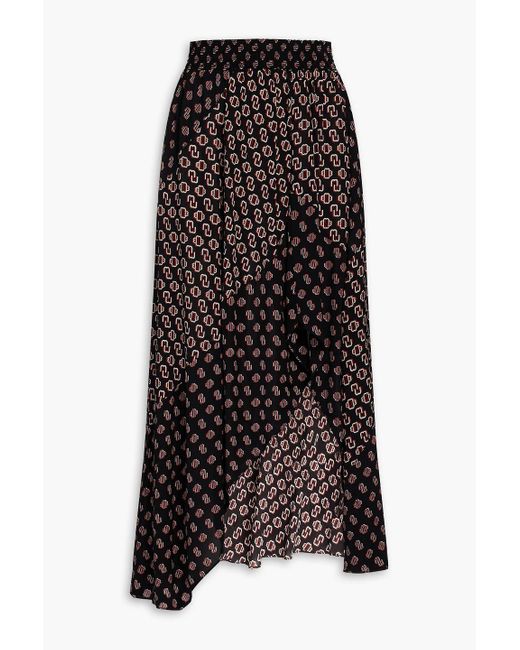 Maje Black Asymmetric Logo-Print Voile Midi Skirt