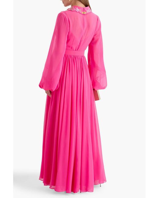 Badgley Mischka Pink Belted Floral-appliquéd Chiffon Gown