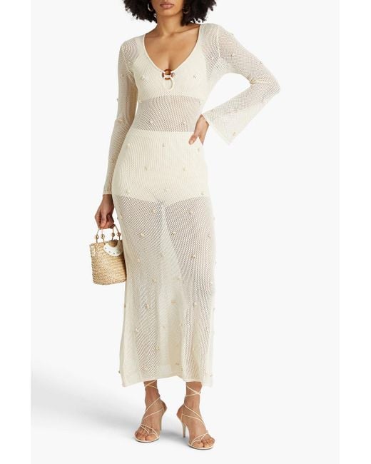Sandro Natural Ring-embellished Cutout Paper-blend Shell Coverup