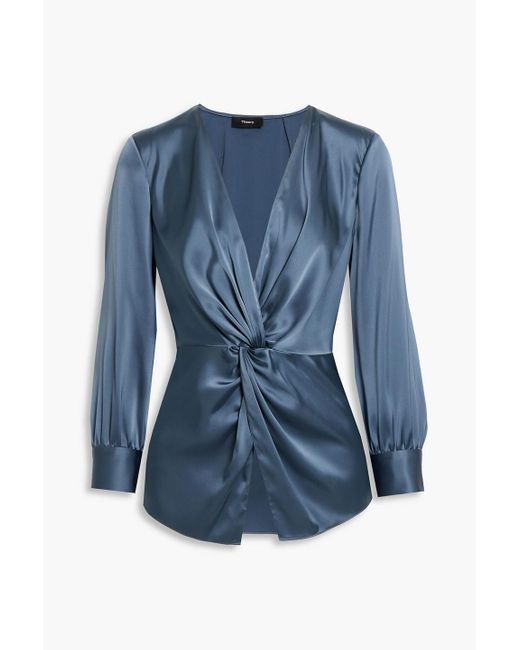 Theory Blue Twist-front Satin Blouse