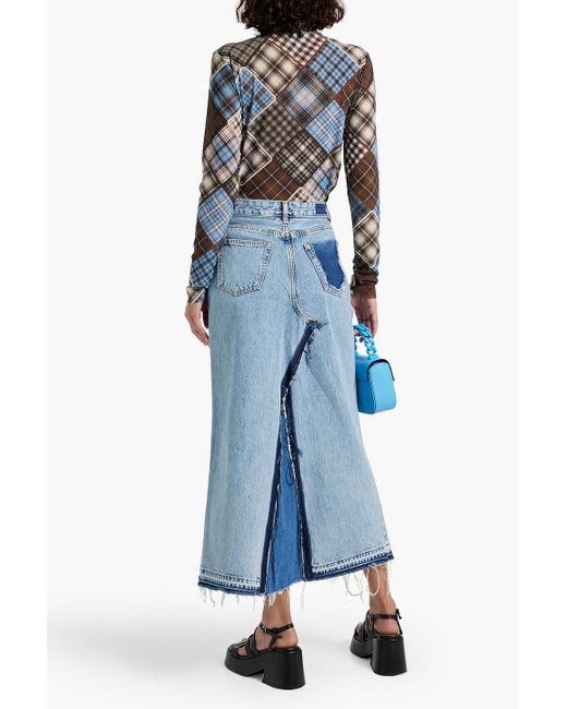 Ganni Blue Checked Mesh Turtleneck Top