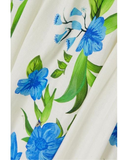 Farm Rio Blue Cutout Floral-print Linen-blend Midi Dress