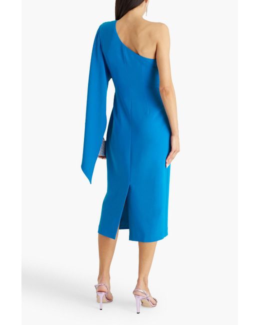 Badgley Mischka Blue Drapiertes midikleid aus crêpe mit asymmetrischer schulterpartie