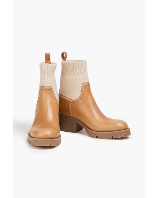 Chloé Natural Neva Leather And Ribbed-knit Ankle Boots