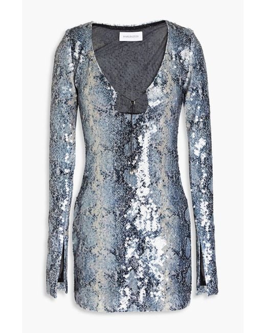 16Arlington Blue Solaria Sequined Snake-print Mesh Mini Dress