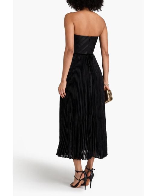 Zimmermann Black Strapless Pleated Devoré-paneled Twill Midi Dress