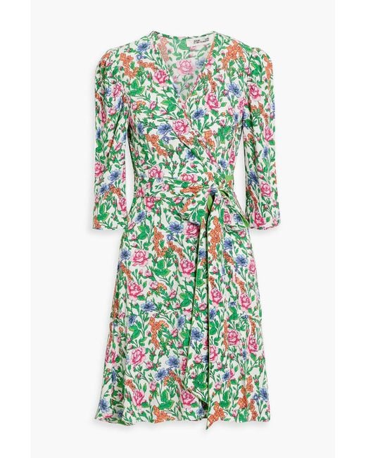 Diane von Furstenberg Green Charlene Floral-print Crepe Mini Wrap Dress