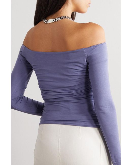 NINETY PERCENT Purple Agra Off-the-shoulder Ruched Stretch- Lyocell Top